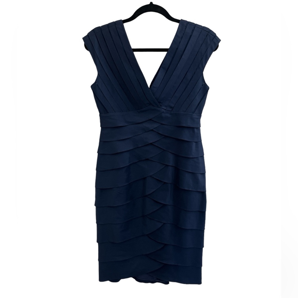 Adrianna Papell Navy Shutter Pleat Midi Dress Women’s Size 6 Formal Cocktail